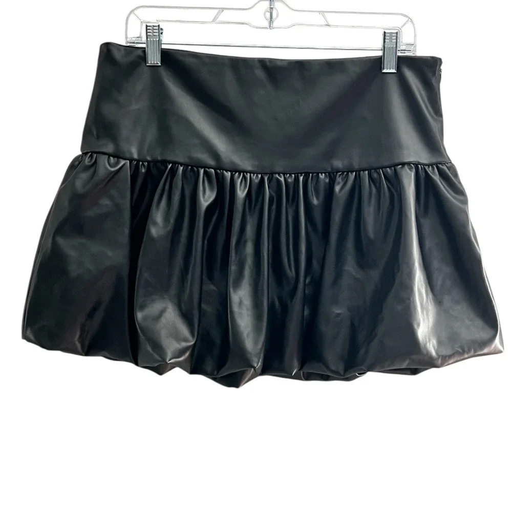 LELIS Faux Leather Bubble Mini Skirt‎ Black High Waist Clubwear Y2K Size L
